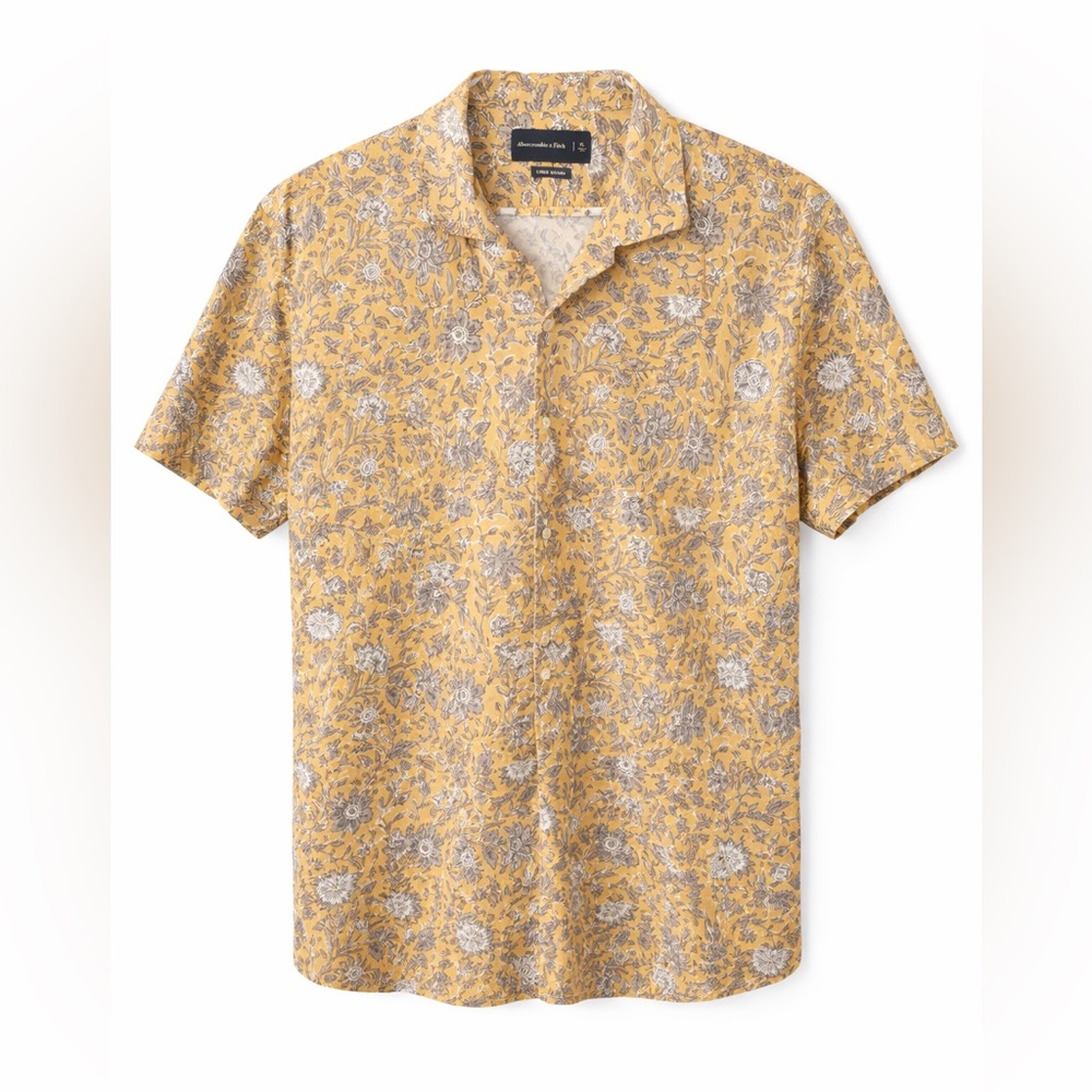 Abercrombie & Fitch Men’s Linen Blend Floral Button Up Shirt Yellow XL